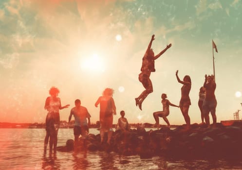 summer man vacation friendship evening fun happiness young teenage travel company holiday youth silhouette jump group sunset ocean lifestyle celebrate friend. Generative AI.