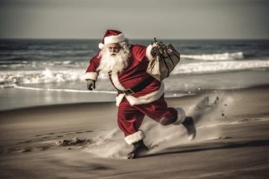 december costume santa water winter destination sea resort vacation happy surfing concept beach hot summer year ocean holiday claus christmas new. Generative AI.