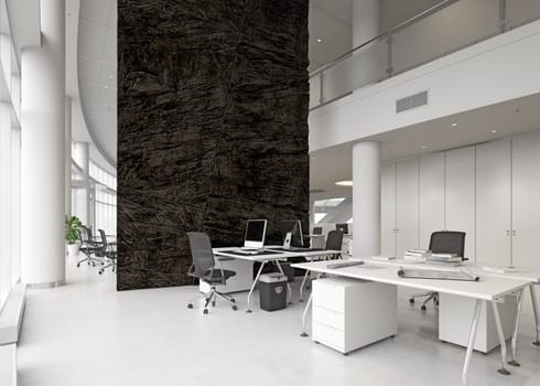 modern office interior with rock feature. 3d rendering