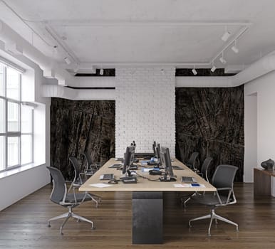 modern office interior with rock feature. 3d rendering