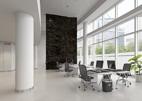 modern office interior with rock feature. 3d rendering