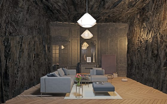 modern dark living interior with rock feature. 3d rendering