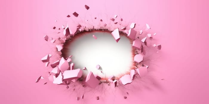 Breaking out of a hole in solid Pink wall, torn hole, empty copy space frame, mockup. Generative AI image weber.