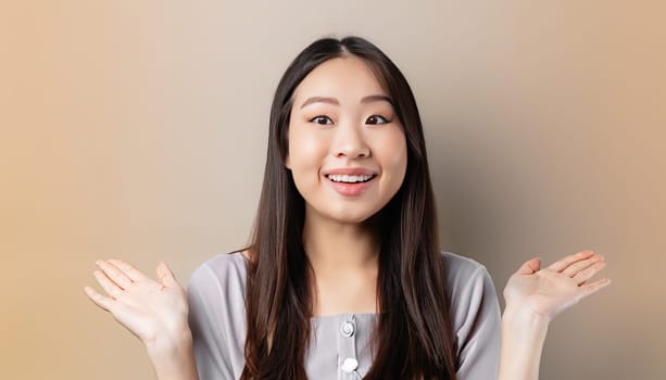 Portrait of young beautiful Asian lady smiling with cheerful expression, shows something amazing at blank space banner background poster wallpaper. AI Generative.