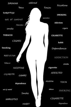 Silhouette of a woman's body with a cigarette in her hand and words related to addiction in the background