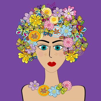 Hand drawing of a stylized woman with flowers and butterflies on her head