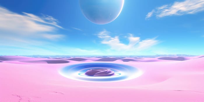 3d rendering abstract fantasy background. Surreal fantastic landscape. Blue sky, white fluffy clouds, neon round linear frame, calm water, pink sand dunes. Virtual reality paradise wallpaper. Generative AI image weber.