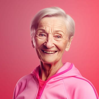 Close up of beautiful elderly woman in a pink windbreaker stands on a pink background, isolated, look at camera. Close up