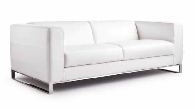 White leather simple couch on silver legs isolated on a white background.