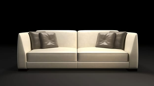 Beige modern large sofa isolated on black background, front view.