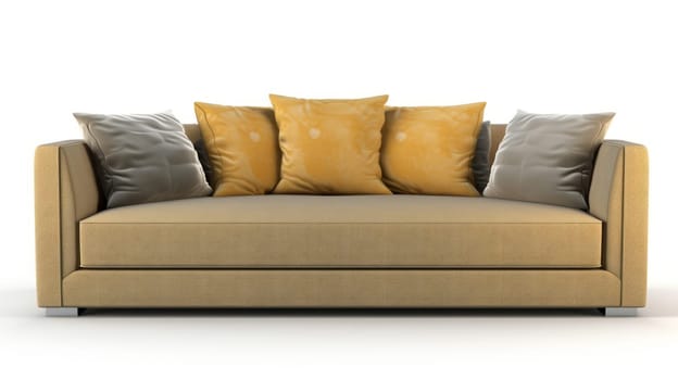 Mustard colored fabric modern sofa with two grey pillows, isolated on a white background, front view.