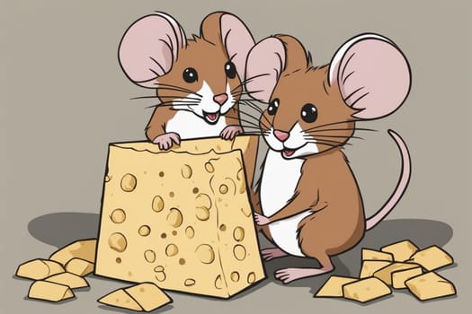 mice eating cheese in a party comic illustration allegory with blue background and flags