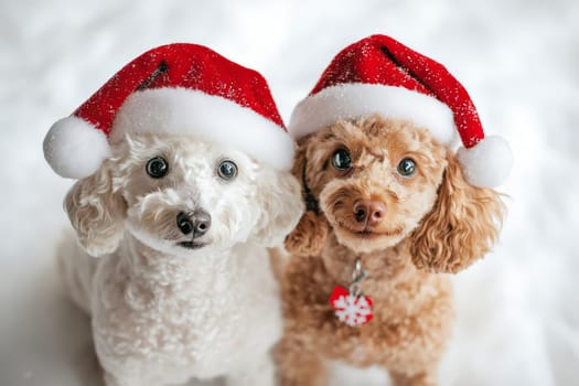 White and red poodle in santa claus hat on white background