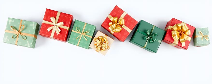 A variety of wrapped gift boxes in green and red, adorned with ribbons and bows, are arranged artistically. These festive packages add a cheerful touch to any holiday setting.