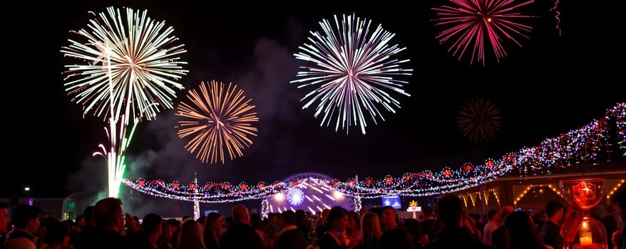 Colorful fireworks burst in the night sky, lighting up a festive atmosphere filled with excited people. The scene showcases holiday decorations and joyful celebration.
