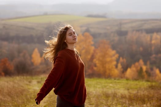 girl enjoying warm autumn in the park, hello autumn, autumn mood