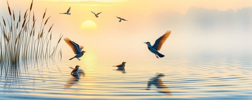 At dawn, a serene lake reflects the golden sun while birds fly above and swim in the water. The quiet scenery and mist create a peaceful atmosphere perfect for nature lovers.