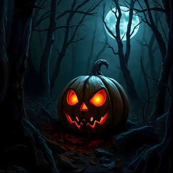 A carved pumpkin with glowing eyes sits ominously on the forest floor, surrounded by bare trees under a full moon. The atmosphere is eerie and captivating, perfect for Halloween.