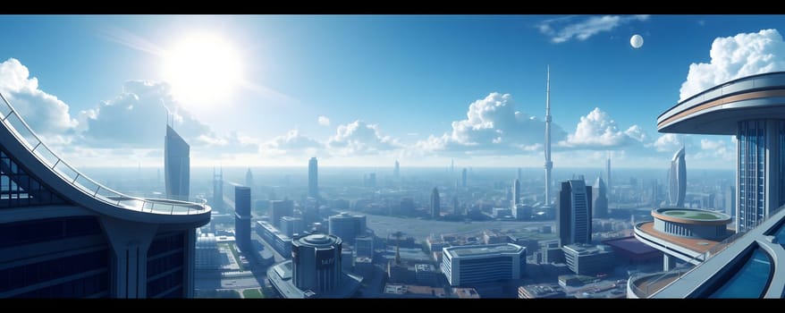 The skyline boasts futuristic buildings with soaring towers, bathed in sunlight and surrounded by fluffy clouds, showcasing a vision of a vibrant, advanced cityscape on a clear day.