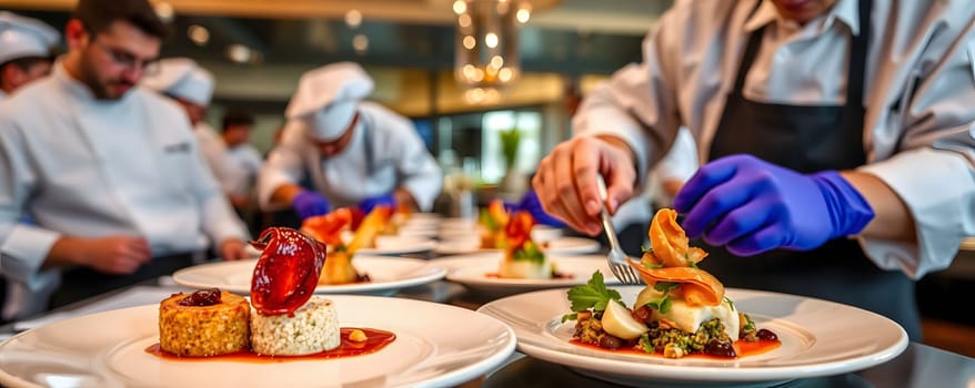 In a bustling restaurant kitchen, chefs in uniforms meticulously plate exquisite gourmet dishes