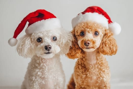 White and red poodle in santa claus hat on white background
