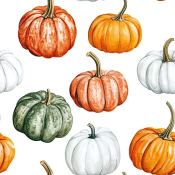 A vibrant collection of pumpkins in orange, white, and gray rests against a clean background, ideal for fall decorations or seasonal crafts.