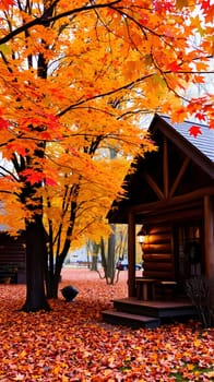 A cozy cabin is nestled among vibrant orange and yellow leaves in autumn. The ground is covered with fallen foliage, creating a picturesque and peaceful atmosphere.