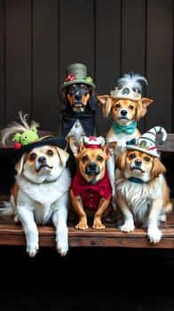 Five dogs are dressed in colorful hats, each showcasing a unique style. They sit together on a wooden bench, creating a cheerful and playful atmosphere perfect for any occasion.