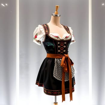 A beautiful traditional Bavarian dress with intricate embroidery is showcased on a mannequin in a contemporary boutique. The dark fabric contrasts elegantly with the vibrant details.