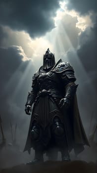 A formidable warrior clad in dark armor stands tall amidst a stormy background, with rays of light breaking through ominous clouds, evoking a sense of strength and readiness for battle.