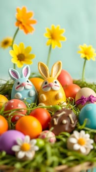 A vibrant arrangement of decorated Easter eggs in various colors surrounded by playful bunny figurines and bright flowers, capturing the spirit of spring celebration and joy.