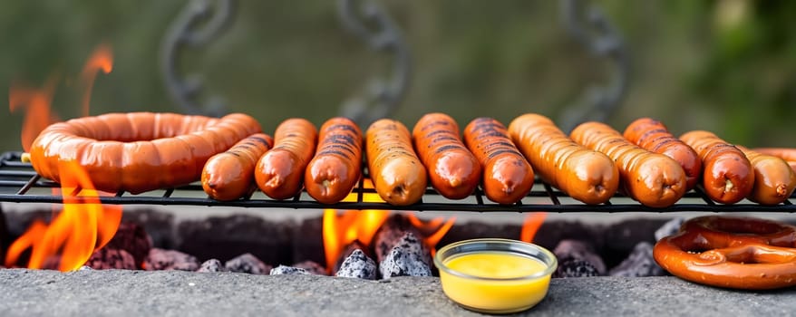 A variety of sausages sizzle on a grill over hot coals, with flames licking up from below. A small bowl of mustard sits beside the sausages against a natural backdrop.