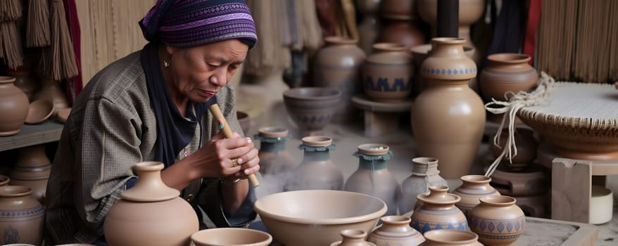 An elderly artisan is focused on crafting pottery, skillfully shaping clay vessels in a lively market backdrop. The early morning light illuminates the intricate designs and tools around her.