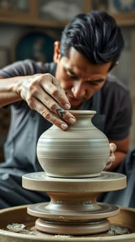 A skilled artisan shapes a clay pot on a pottery wheel, carefully refining the details. The warm sunlight enhances the texture of the clay in a creative workshop.