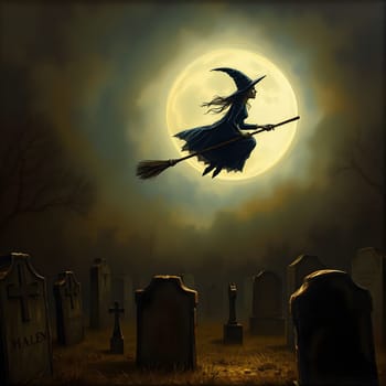 A witch dressed in black flies on a broomstick over an eerie graveyard, illuminated by a bright full moon, creating a haunting atmosphere during the night.