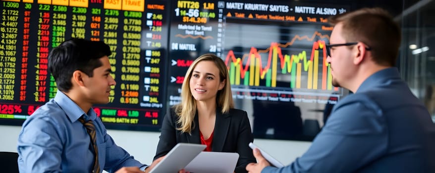 A diverse team of three professionals engages in a discussion about financial strategies while analyzing colorful market data on screens in an office.