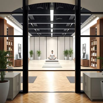 A tranquil wellness studio welcomes visitors with natural light, plants, and a peaceful atmosphere. A figure sits in meditation, promoting mindfulness in a contemporary urban setting.