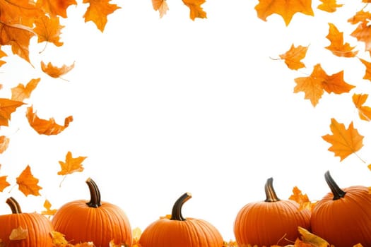 Orange dry leaves and pumpkins on a white background for Halloween