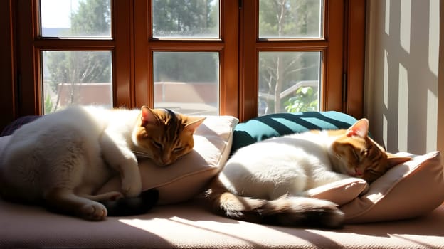 In a cozy room filled with sunlight, two adorable cats are peacefully napping on soft cushions, enjoying their warm and tranquil environment by the window.