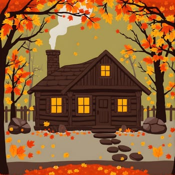 A rustic wooden cabin nestled among colorful autumn leaves glows warmly from its windows. The surrounding trees showcase brilliant yellow and orange foliage, creating a peaceful rural scene.