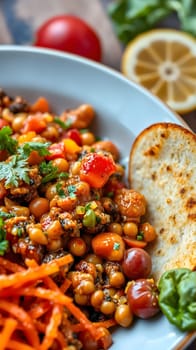 A vibrant dish featuring chickpeas, fresh vegetables, and shredded carrots is served alongside toasted bread. The meal is garnished with herbs, highlighting its freshness and flavor.