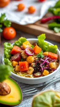A vibrant bowl filled with fresh fruits and vegetables showcases colorful ingredients like lettuce, tomatoes, and avocado, displayed in a sunny kitchen with additional garnishes nearby.