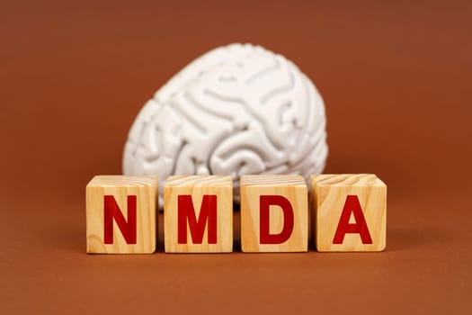 Cubes spell out NMDA in front of a stylized brain, symbolizing the connection between this compound and neural processes.