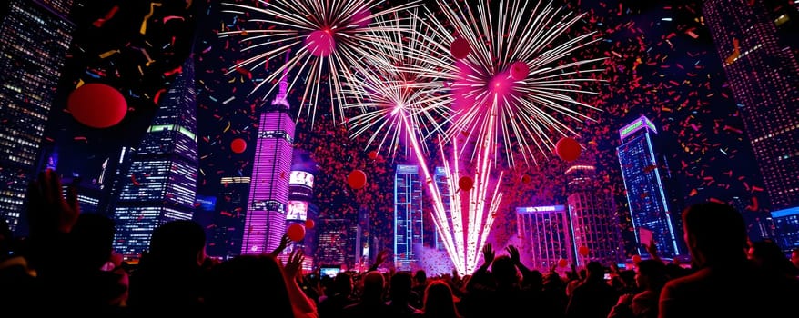 A lively New Year celebration unfolds in the city, featuring colorful fireworks illuminating the night sky, surrounded by excited crowds and floating balloons.