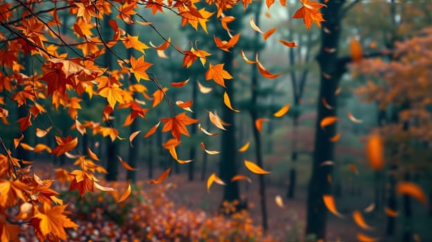 Golden and crimson leaves gently fall from trees in a serene forest, creating a vibrant display of autumn colors against the muted background of tall, dark trunks.