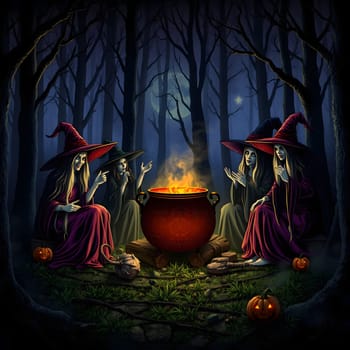 Under a glowing full moon, four witches in flowing robes gather around a bubbling cauldron, surrounded by autumn pumpkins and tall, dark trees, sharing a mystical moment in the forest.