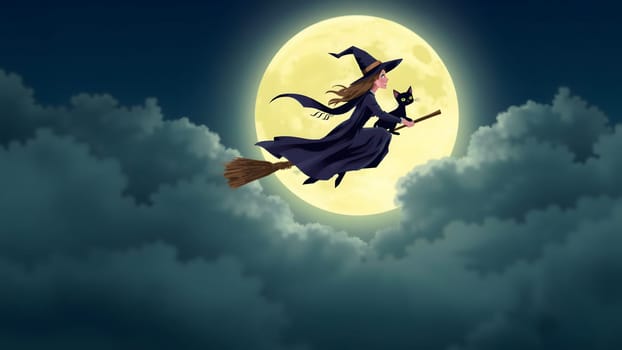 A witch in a long black dress and pointed hat flies through the night sky on her broomstick, accompanied by a black cat, illuminated by a bright full moon among wispy clouds.