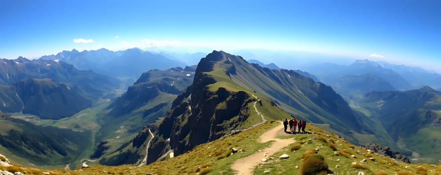 A group of hikers navigates a scenic mountain trail high in the Alps, surrounded by breathtaking peaks and lush valleys under a clear blue sky, showcasing the beauty of nature.