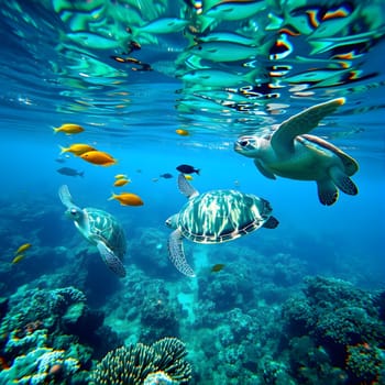 Three sea turtles gracefully swim through crystal-clear waters, surrounded by colorful fish and coral reefs, providing a serene view of underwater marine life.