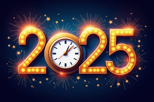 A vibrant display welcomes the New Year 2025, featuring illuminated numbers surrounded by fireworks and a clock, creating a joyful atmosphere - Generative AI